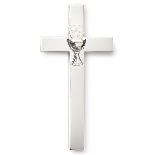 Silver cross with a chalice design on a white background