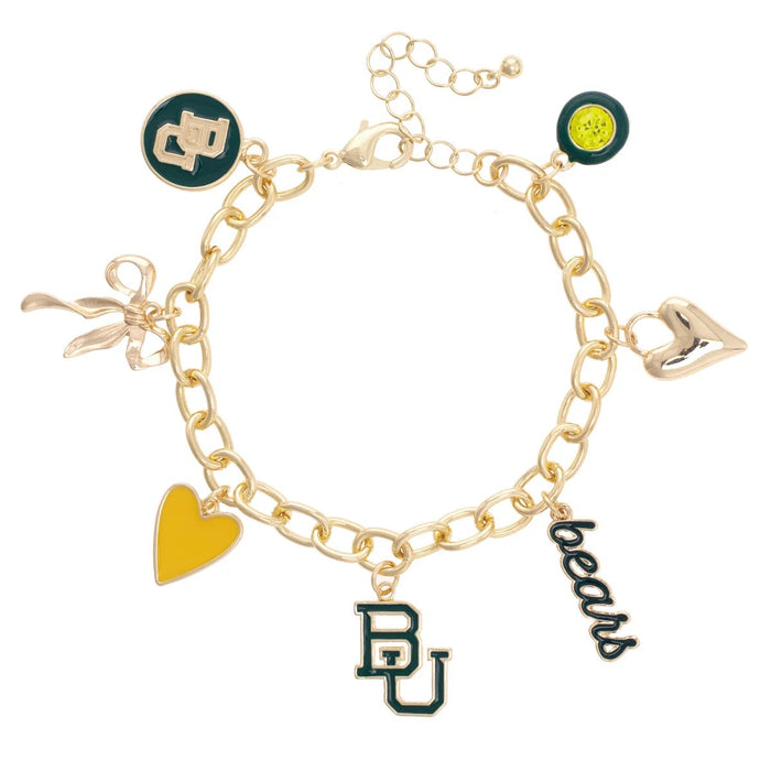 Gold bracelet with various charms including a heart, 'BU', and 'bears' on a white background