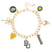 Gold bracelet with various charms including a heart, 'BU', and 'bears' on a white background