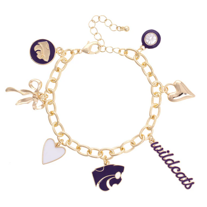 Gold bracelet with various charms including a heart, bow, and 'wildcats' wordmark on a white background