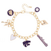 Gold bracelet with various charms including a heart, bow, and 'wildcats' wordmark on a white background