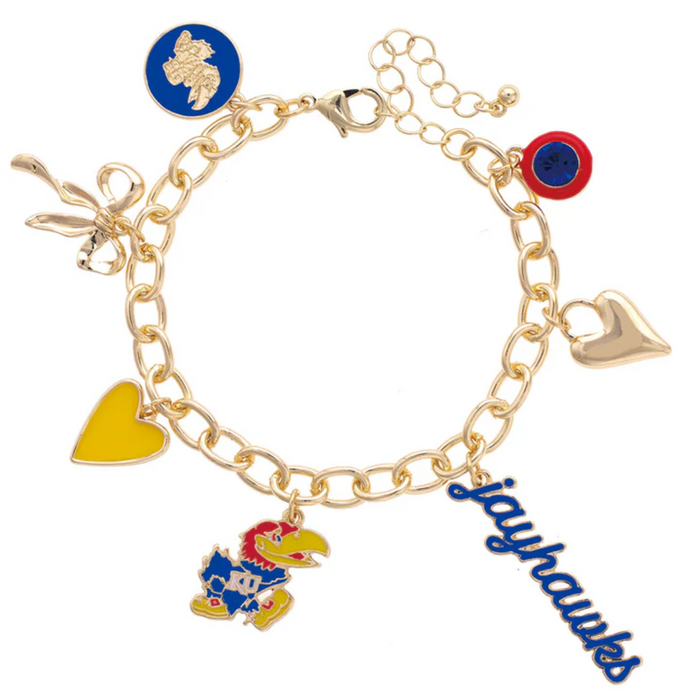 Gold charm bracelet with various charms including a blue and yellow character, heart, and 'jayhawks' wordmark.