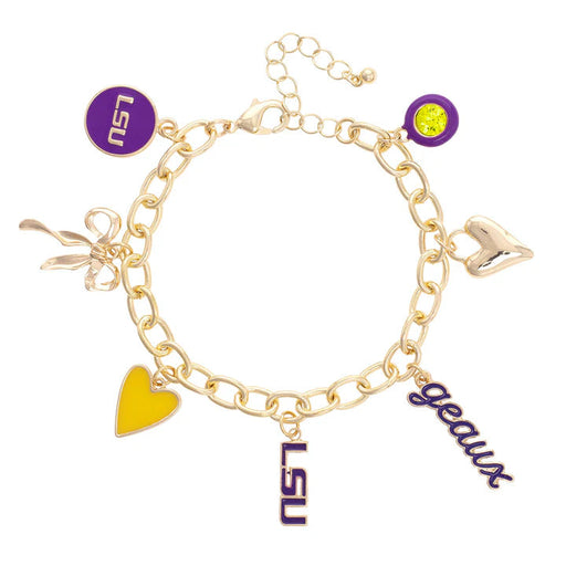 Gold bracelet with various charms including a heart, 'LSU', and 'geaux' on a white background