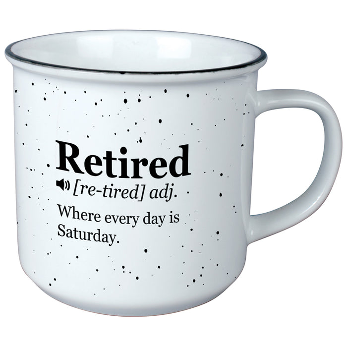White mug with black speckles featuring text about retirement on a white background