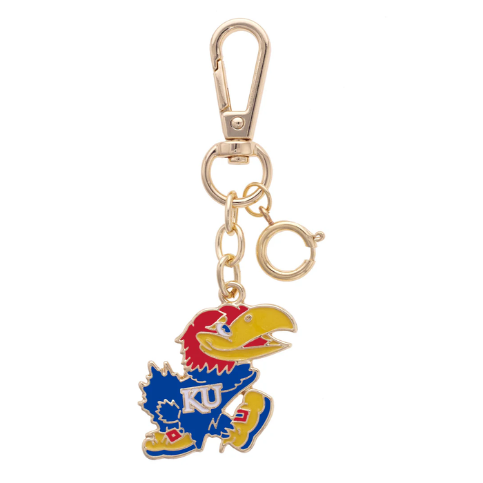 Keychain with a colorful emblem and gold clasp on a white background