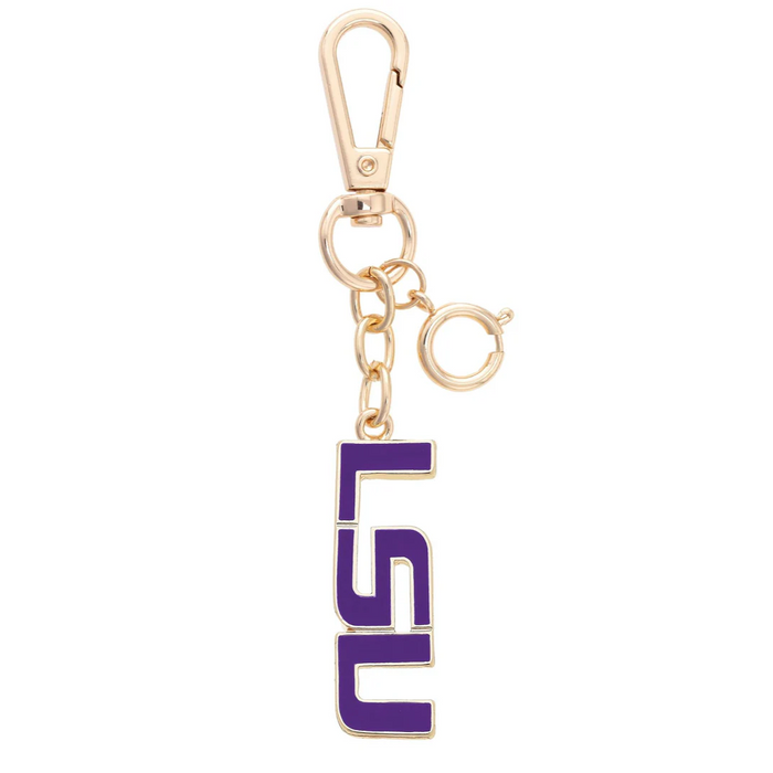 Gold keychain with purple 'LSU' lettering on a white background