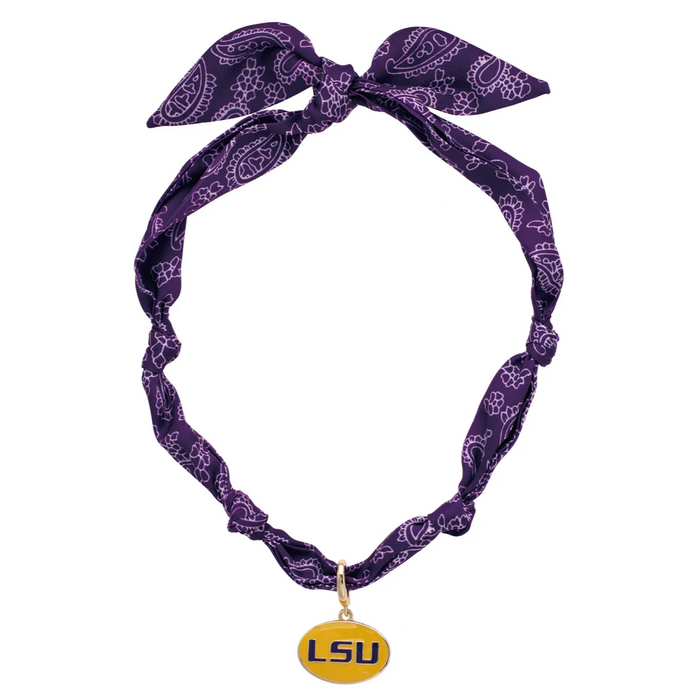 Purple bandana NECKLACE with LSU logo on a white background