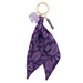 Purple paisley patterned keychain with gold ring and purple tag on a white background