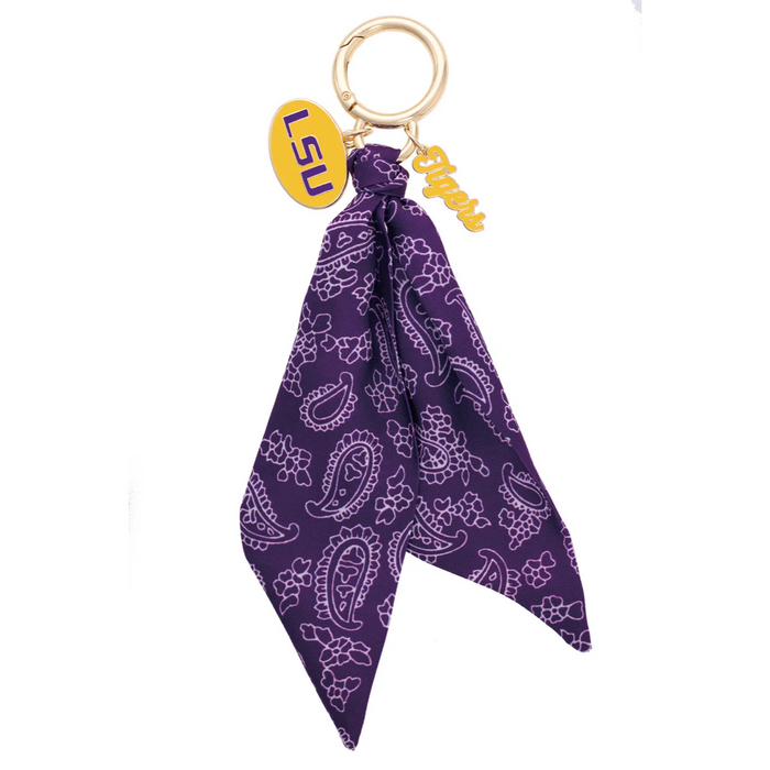 Purple paisley scarf keychain with LSU logo on a white background