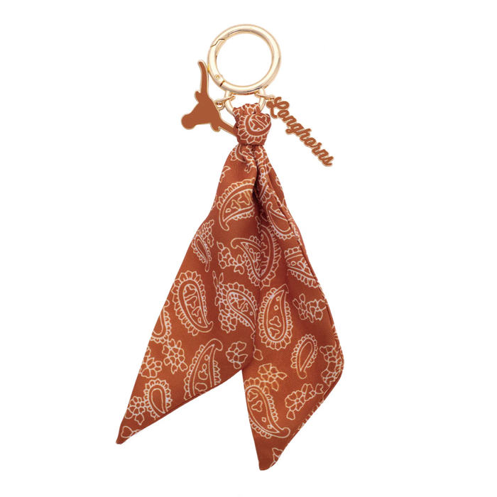 Brown bandana keychain with paisley pattern on a white background