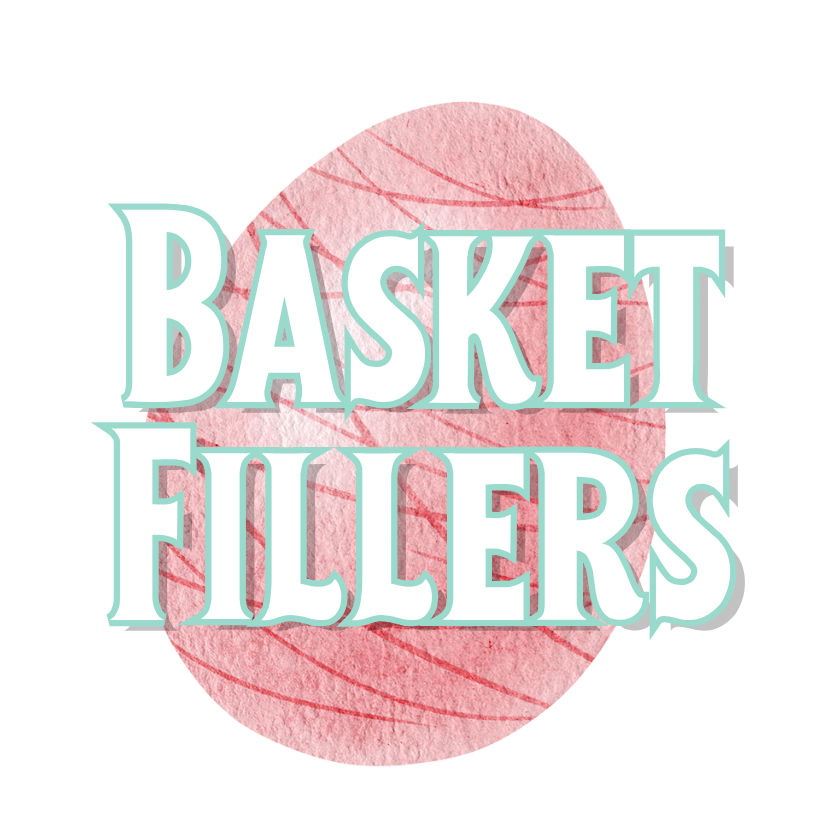 Text 'BASKET FILLERS' with a pink yarn ball in the background on a white background