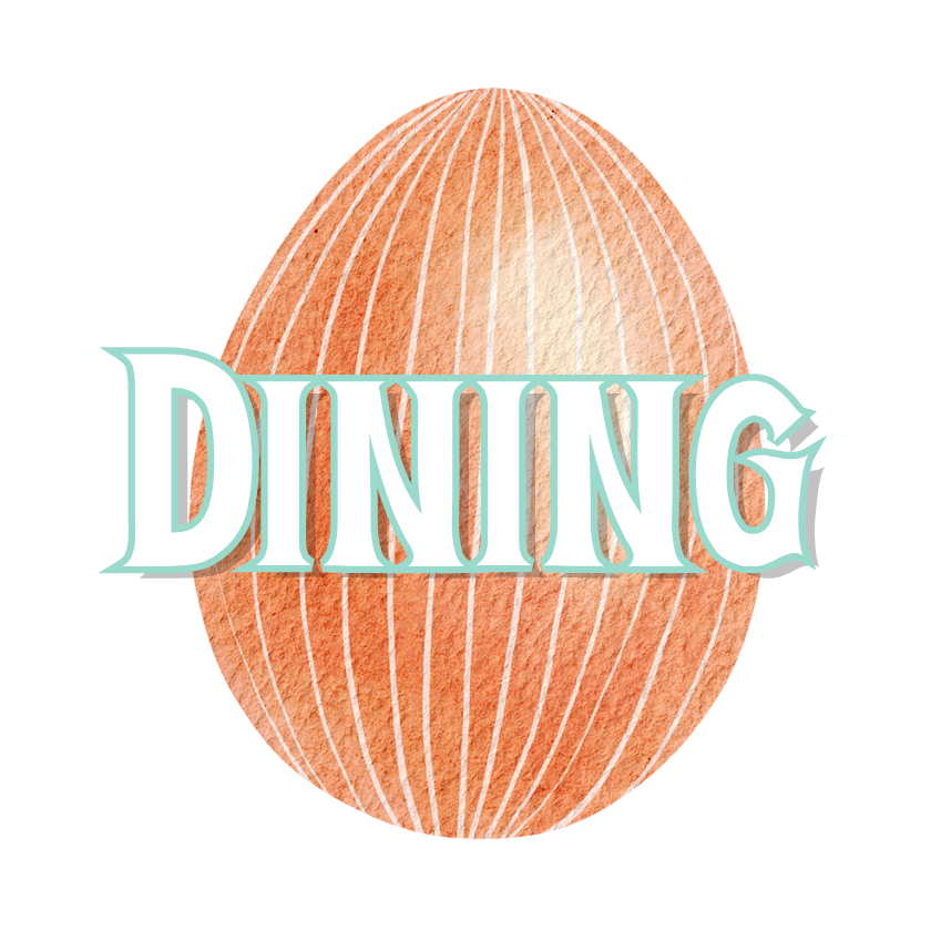 Text 'DINING' on an orange and white striped background