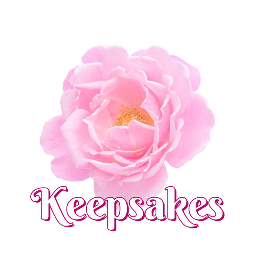Pink rose with 'Keepsakes' text on a white background