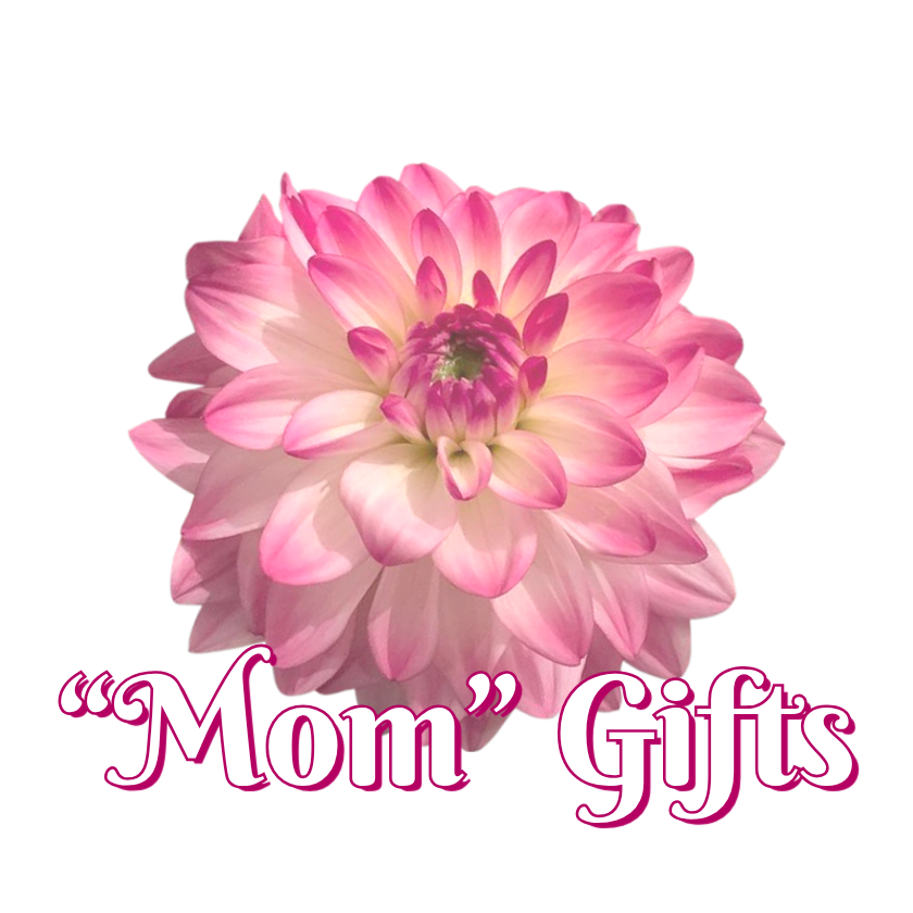 Pink flower with 'Mom Gifts' text on a white background