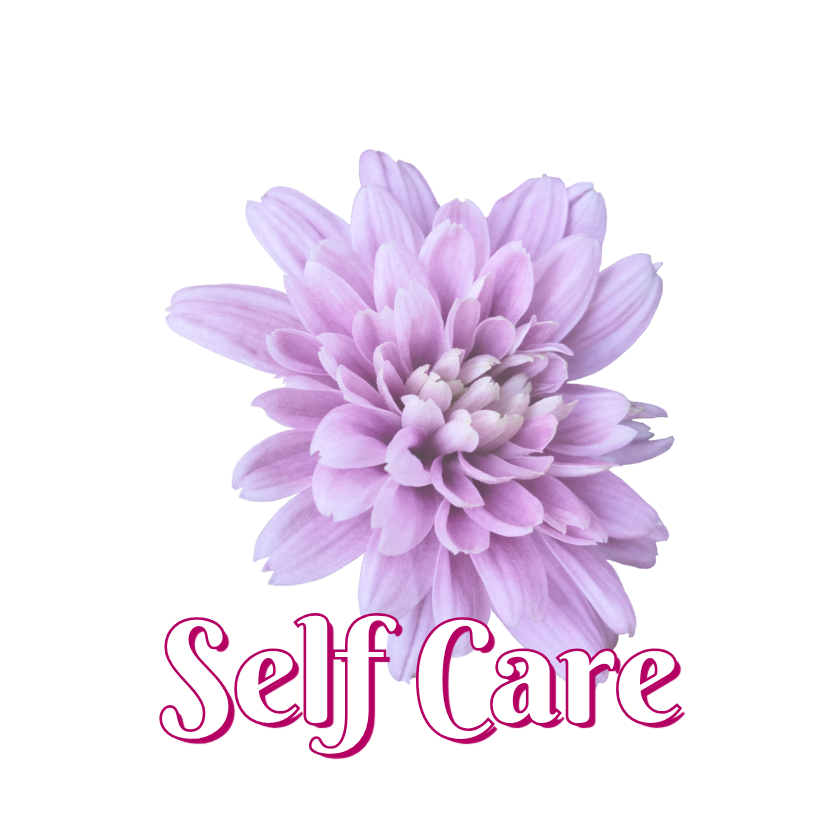 Purple flower with 'Self Care' text on a white background