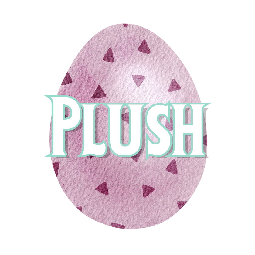 Pink plush toy with 'PLUSH' text on a white background