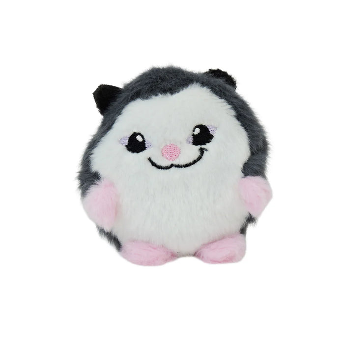 Plush toy resembling a cartoon-style animal with gray, white, and pink colors on a white background