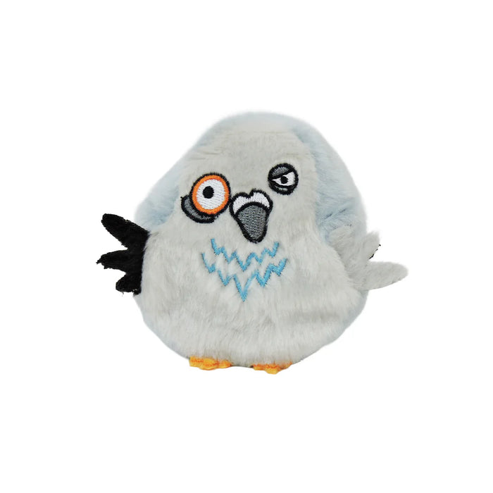Plush toy resembling a bird with a white body, black wings, and orange feet on a white background