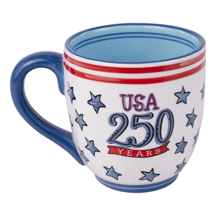 Mug with 'USA 250 Years' text and star design on a white background