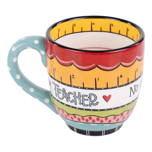 Colorful mug with a ruler design and 'Teacher' text on a white background