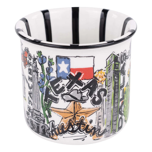 Decorative cup with Texas-themed illustrations on a white background