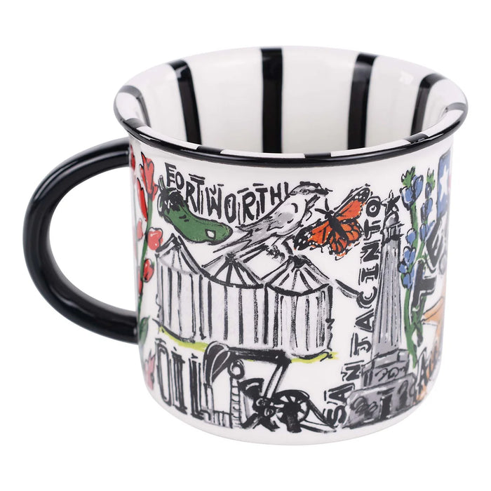 Mug with black handle and decorative design on a white background