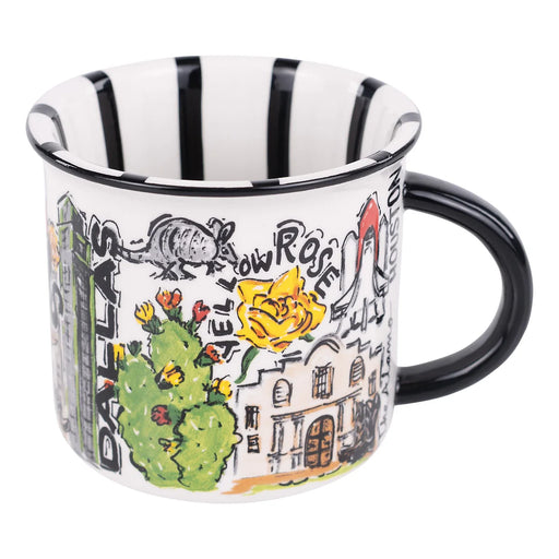 Decorative mug with artistic illustrations and text on a white background