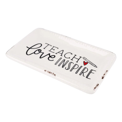 Rectangular ceramic tray with 'Teach Love Inspire' text on a white background