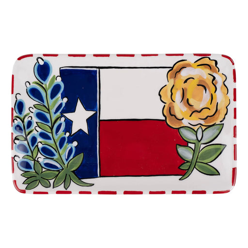 Rectangular plate with Texas flag design, yellow flower, and blue and green plants on a white background