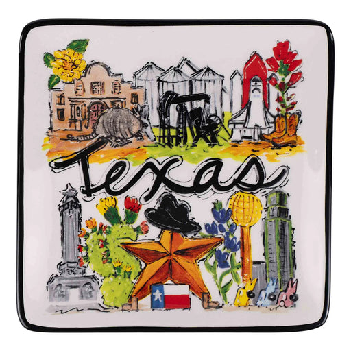 Decorative plate with colorful illustrations of Texas-themed elements on a white background