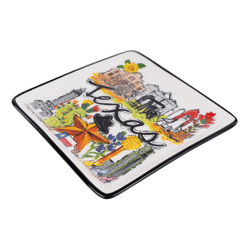 Decorative plate with colorful graphics and text on a white background