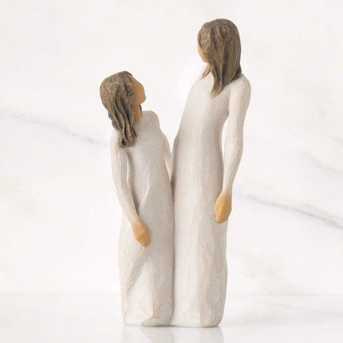 Two ceramic figures of women holding hands on a white background