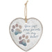 Heart-shaped hanging ornament with paw prints and text on a white background