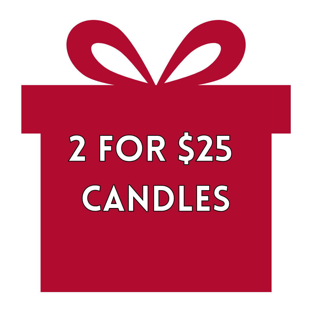 Red gift box with a bow and text '2 FOR $25 CANDLES' on a white background