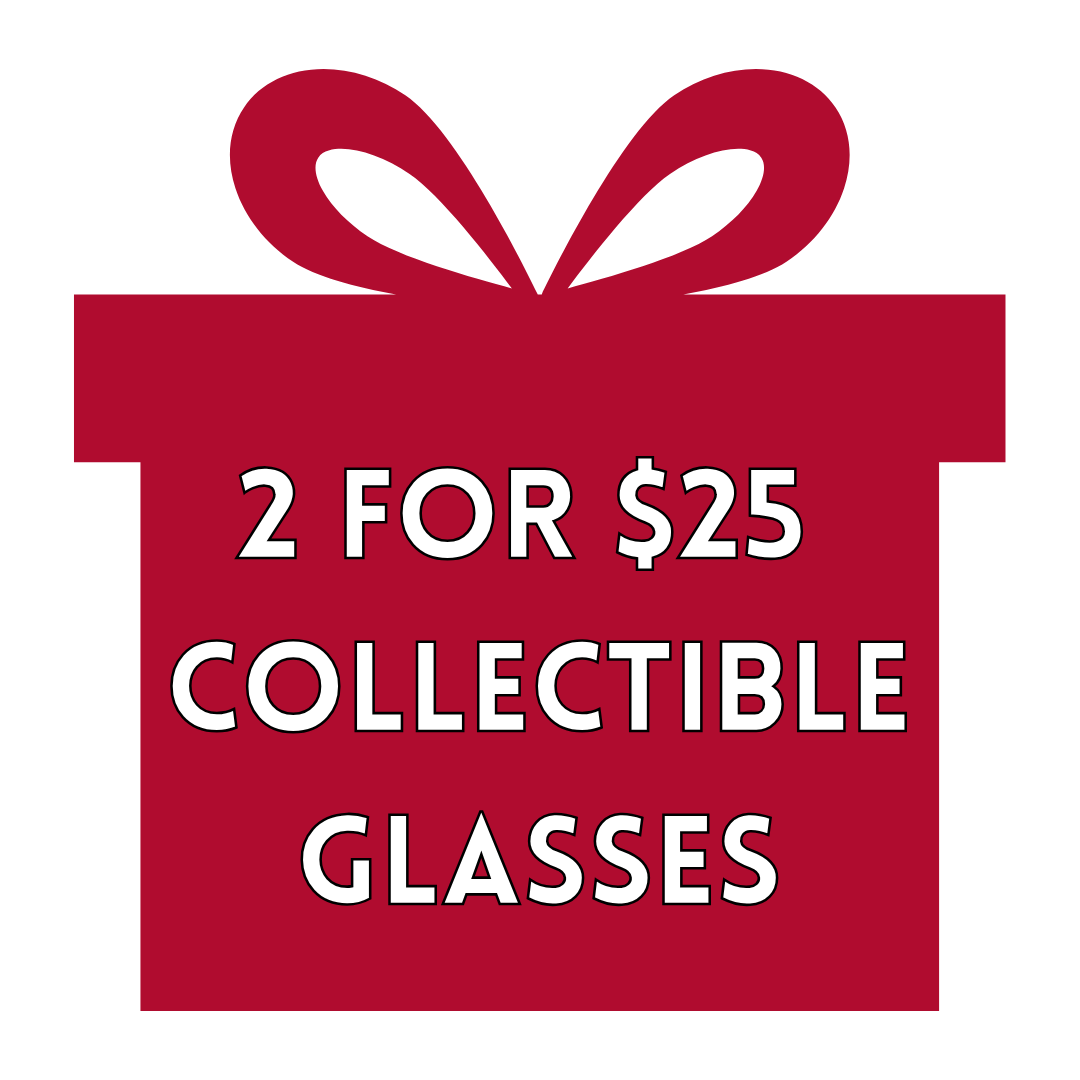 Red gift box with a bow and promotional text '2 FOR $25 COLLECTIBLE GLASSES' on a white background