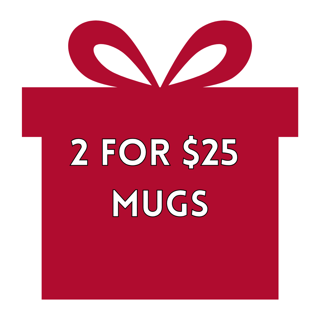 Red gift box with a bow and text '2 FOR $25 MUGS' on a white background