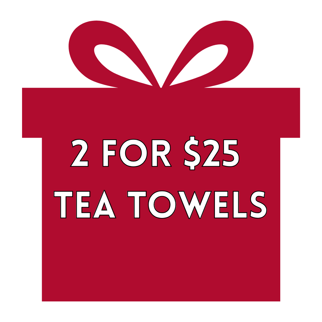 Red gift box with a bow and text '2 FOR $25 TEA TOWELS' on a white background