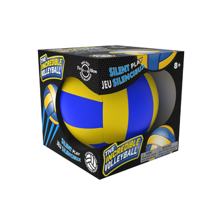 Box of 'The Incredible Volleyball' with blue and yellow design on a white background