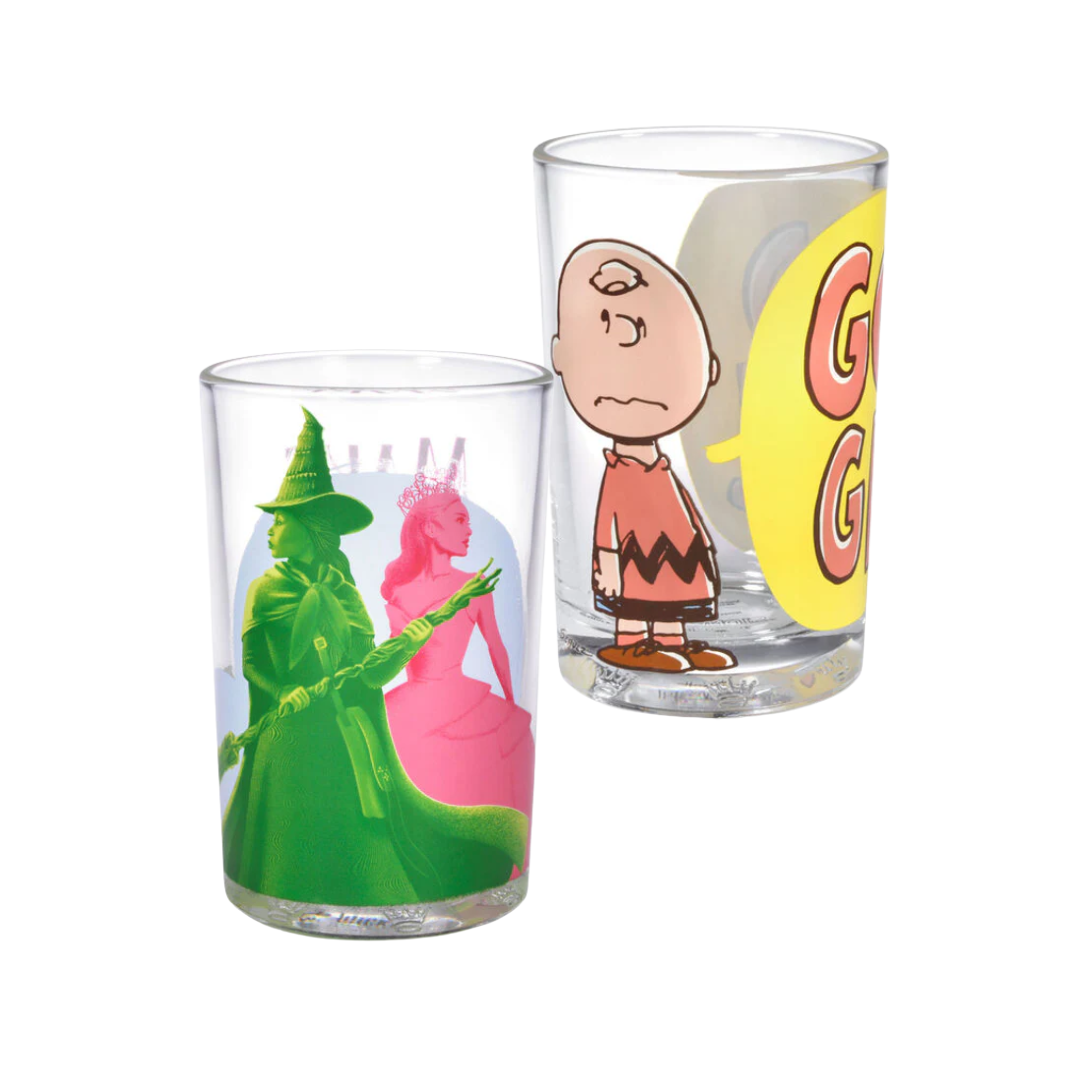 Two glass tumblers with colorful designs, one featuring a character and the other a scene from a movie.