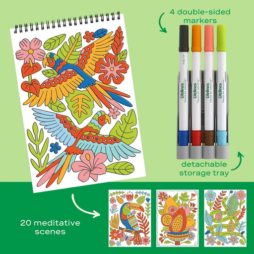 Coloring book with parrot design, markers, and additional coloring pages on a green background