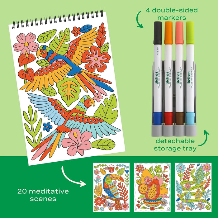 Coloring book with parrot design, markers, and additional coloring pages on a green background