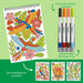 Coloring book with parrot design, markers, and additional coloring pages on a green background