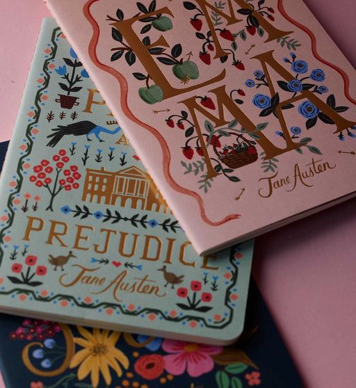 Two Jane Austen books, 'Pride and Prejudice' and 'Emma', on a colorful background.