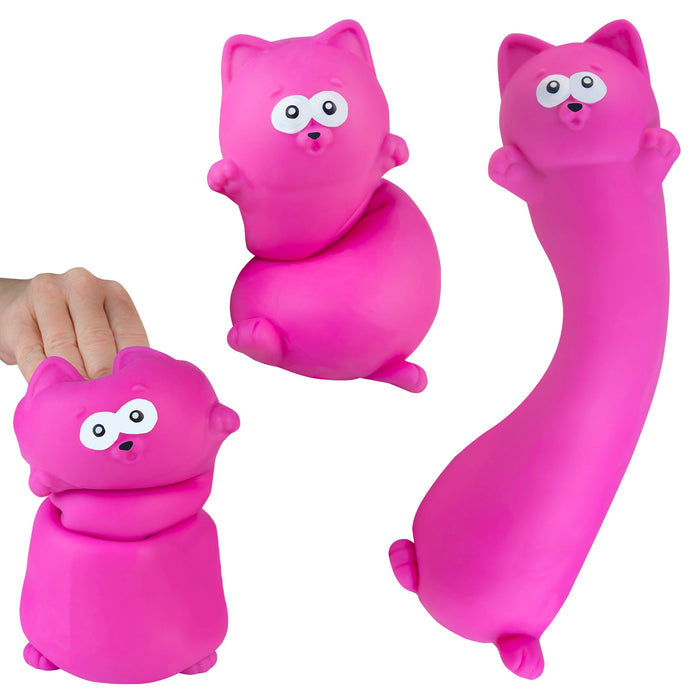 Pink cat-shaped stress reliever toy with a hand squeezing it on a white background