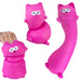 Pink cat-shaped stress reliever toy with a hand squeezing it on a white background