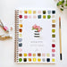 Watercolor workbook titled 'Bouquets' with color swatches and art supplies on a white background