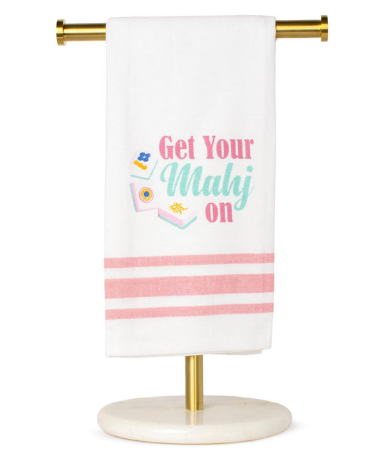 Towel with 'Get Your Malaj On' text on a stand with a white background
