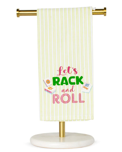 Towel with 'Let's Rack and Roll' text on a stand with a white background