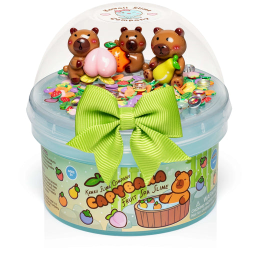 Kawaii slime set with bear figures and colorful contents in a clear container on a white background.