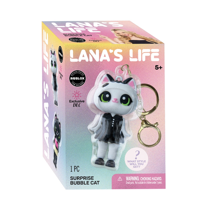 Box of 'Lana's Life' surprise bubble cat toy with keychain on a gradient background